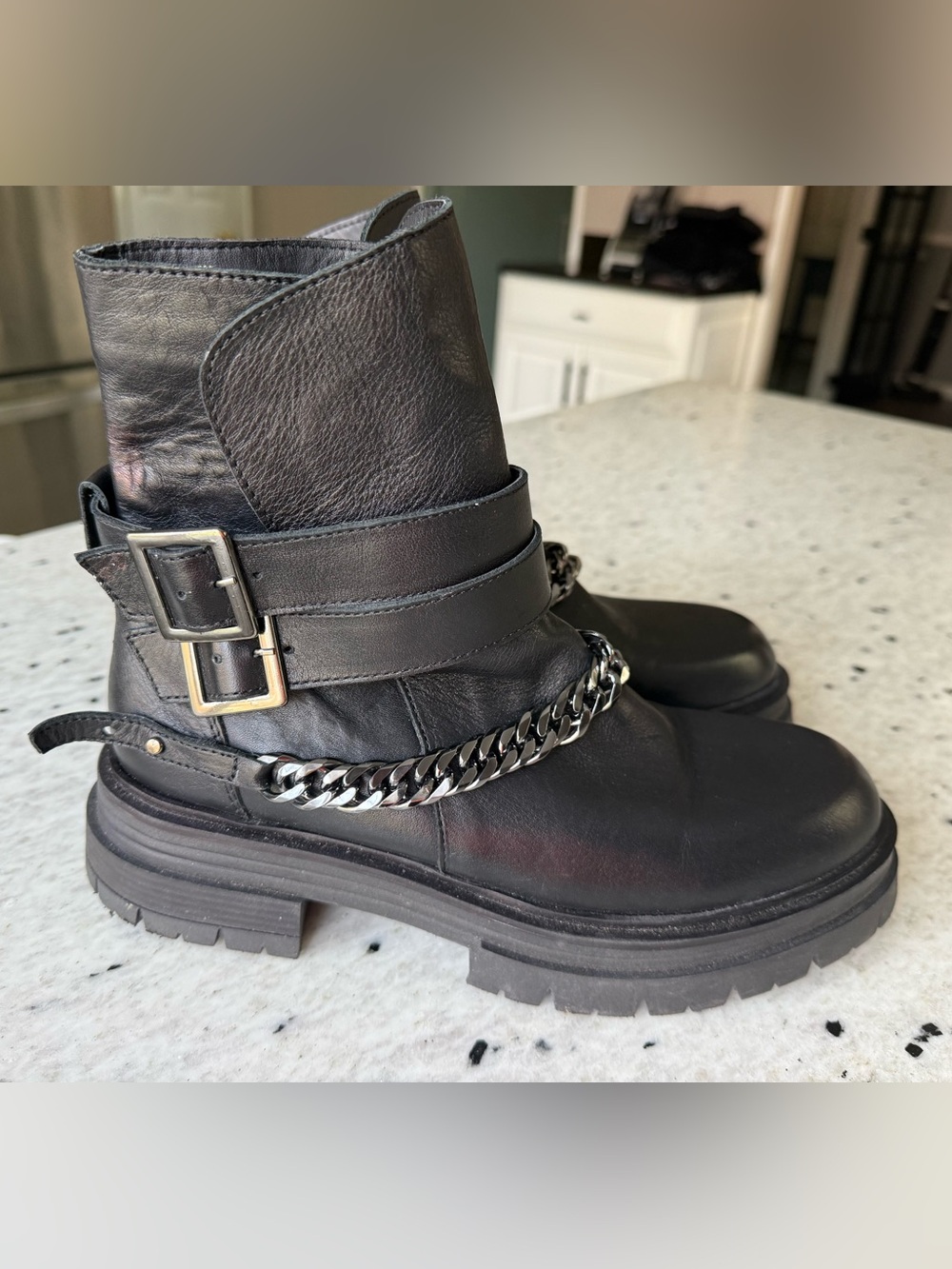 Steve Madden “Sloan” Chunky Black Leather Chain Strap Ankle Boots - Picture 3 of 8